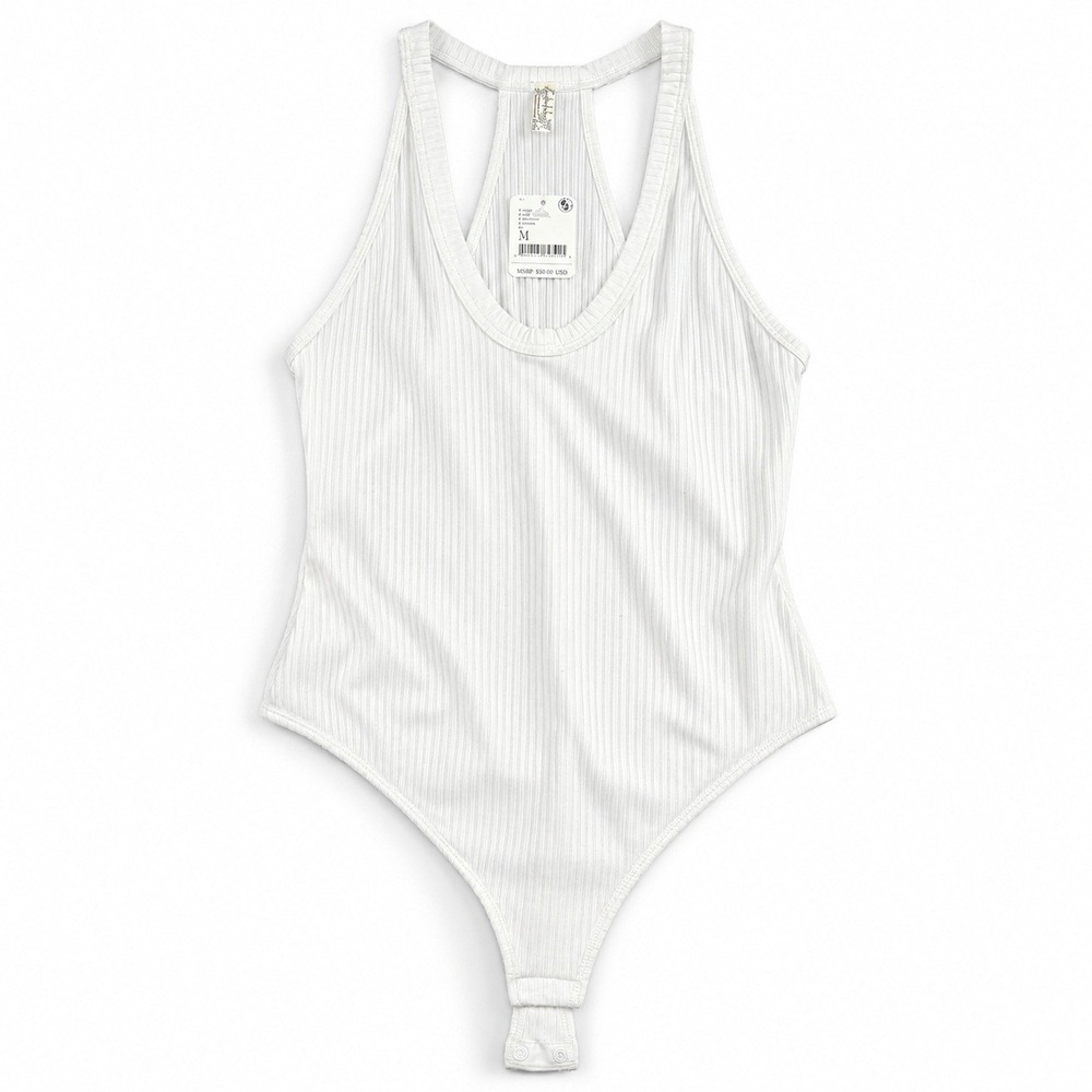 Free People Intimately Ribbed Racerback Bodysuit White Scoop Neck M OB948842
